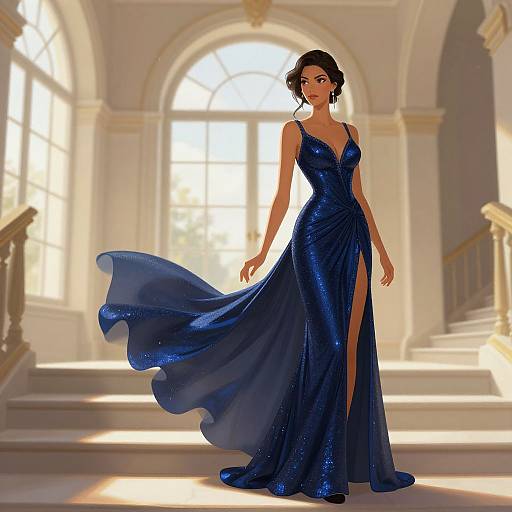 Digital illustration of a dark-haired woman in a shimmering, deep blue, floor-length gown with a thigh-high slit, standing in a sunlit,
