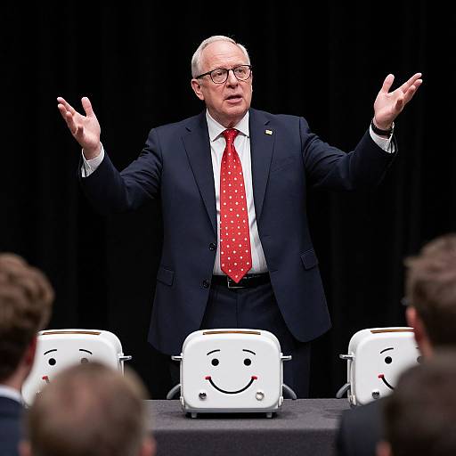 Photograph of a bald, middle-aged man in a black suit, red polka-dotted tie, and glasses, gesturing with open arms,