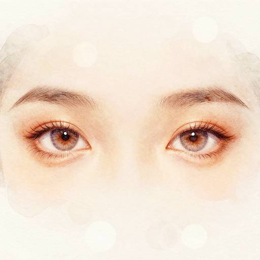 Close-up photograph of a person's brown eyes with long eyelashes, light skin, and subtle eyebrows, set against a white background.