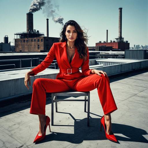 Woman in Red Jumpsuit on Industrial Rooftop