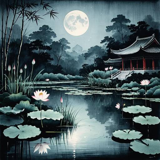 Moonlit Lotus Pond in Traditional Brush Art Moonlit Lotus Pond in Traditional Brush Art