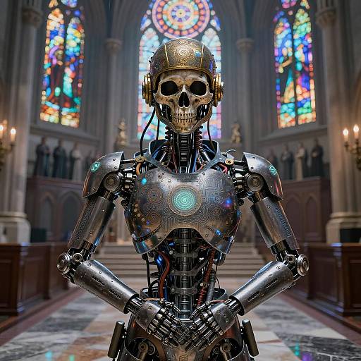 Ethereal Cybernetic Sentinel in Neo-Gothic Setting