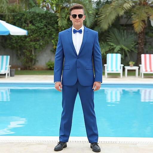 Photograph of a man in a blue suit, white shirt, blue bow tie, and sunglasses, standing by a pool with colorful lounge chairs in the