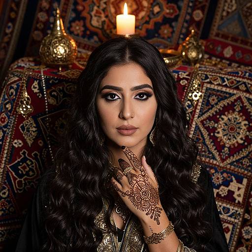 Photograph of a dark-haired woman with intricate henna designs on her hands, wearing gold jewelry, dark eye makeup, and a black robe, seated