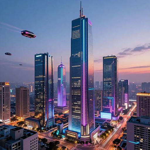 Photograph of a futuristic cityscape at dusk with towering skyscrapers illuminated in vibrant blue and purple neon lights, surrounded by flying drones, and busy