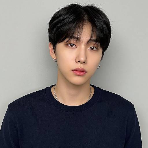 Photograph of an Asian man with short black hair, fair skin, wearing a black shirt, small hoop earrings, and a thin chain necklace, against