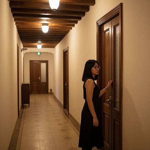 Photograph of a young Asian woman with glasses in a black dress, standing in a dimly lit, wooden-beamed hallway, touching a dark wooden