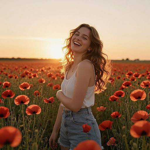 Photograph of a smiling, long-haired, white woman in a white tank top and denim shorts, standing in a vibrant red poppy field at sunset
