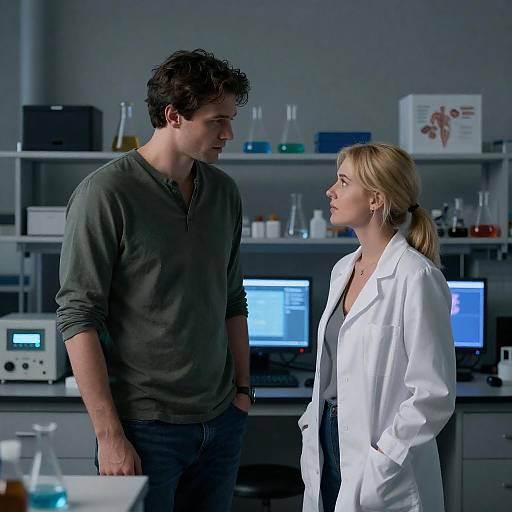 Dimly Lit Lab Conversation Between Scientists