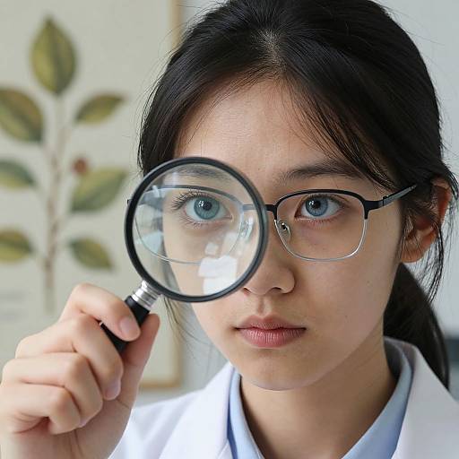 Close-up photograph of an Asian woman with black hair, blue eyes, wearing glasses, holding a magnifying glass, examining herself, in a bright room