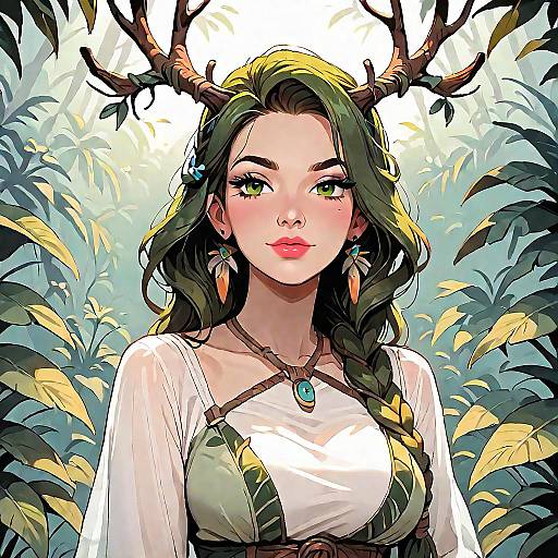 Digital illustration of a beautiful, green-eyed woman with antlers, wavy dark green hair, and a white top with leafy accents, standing in