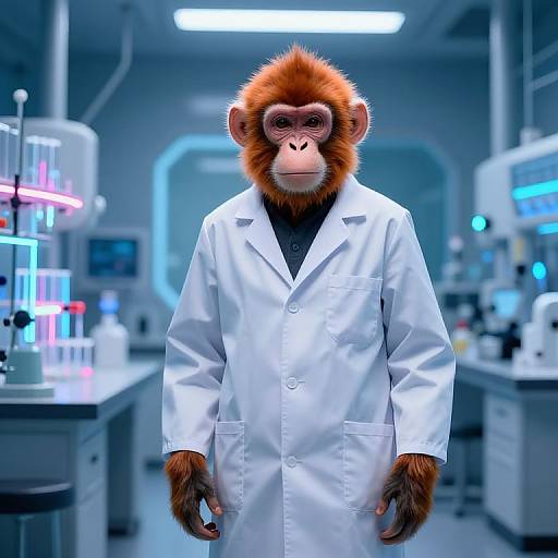Digital artwork of a red-haired monkey in a white lab coat standing in a futuristic, brightly lit laboratory with scientific equipment.