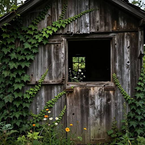 Photograph of a weathered, dark wooden shed with ivy climbing its sides, a broken window, and colorful wildflowers in the foreground.