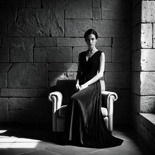 Elegant Woman in Black Dress Against Stone Wall