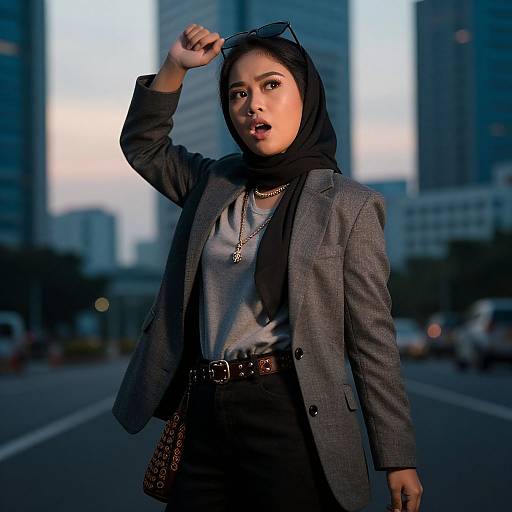 Photograph of a confident Asian woman in a gray blazer, black hijab, and glasses, standing on a city street at dusk, holding her