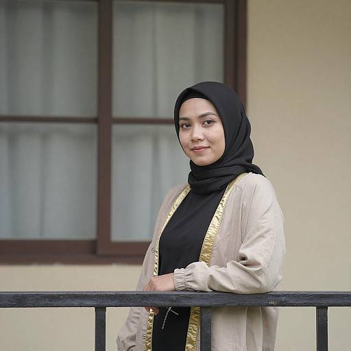 Photograph of a smiling woman with fair skin, wearing a black hijab, beige cardigan with gold trim, black top, standing by a balcony