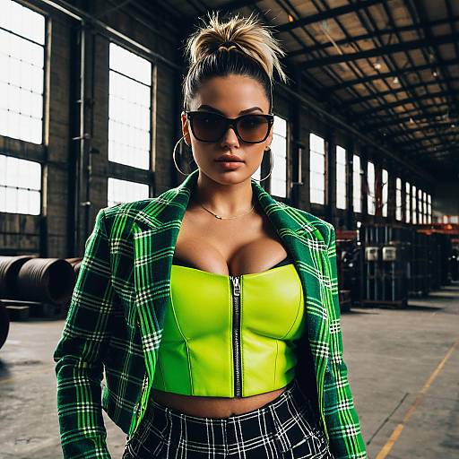 Woman in Neon Green Leather Top and Plaid Blazer