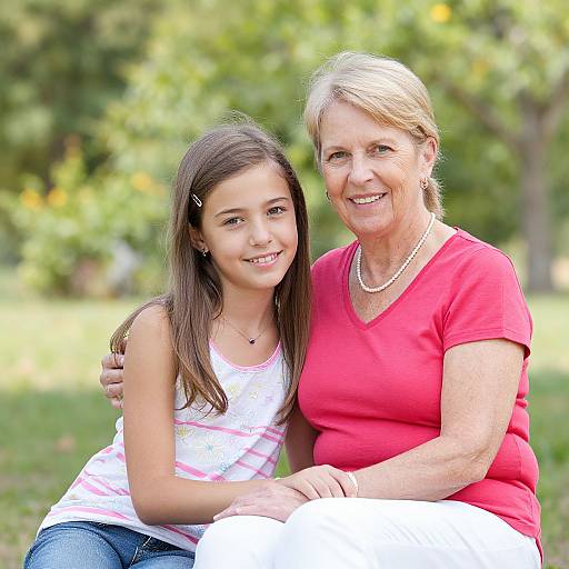 Photograph of a smiling older woman in a red shirt and white pants, with a young girl in a white striped top, sitting closely outdoors on a