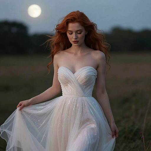 Photograph of a fair-skinned, red-haired woman in a strapless, white, shimmering wedding dress, standing in a field at dusk with