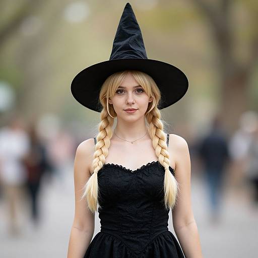Photograph of a young blonde woman with braided hair wearing a black witch hat and dress, standing in a blurred outdoor setting.