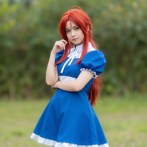 Photograph of a young woman with long red hair, wearing a blue Alice in Wonderland-style dress with white trim, standing outdoors against a blurred green forest