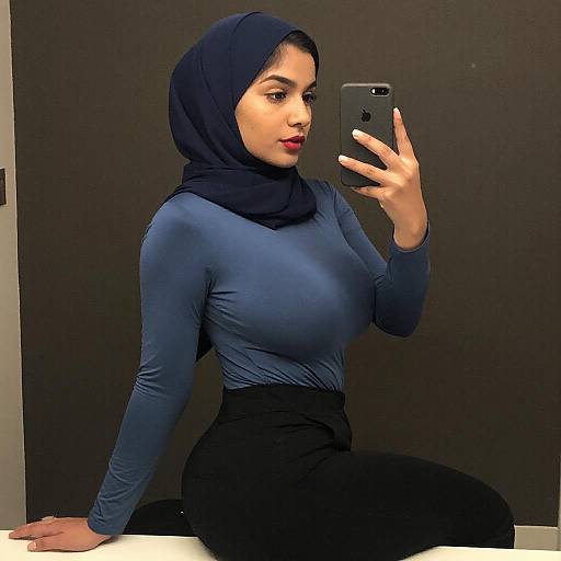Curvy Woman in Navy Hijab Selfie