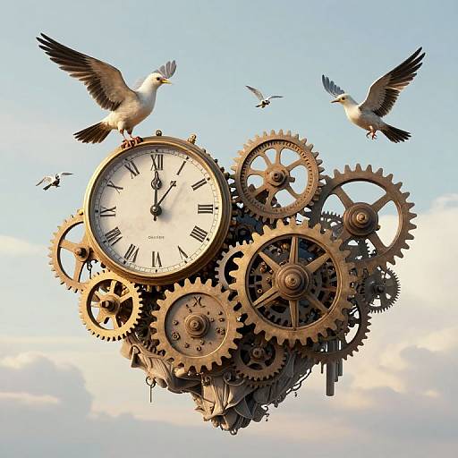 Steampunk clock with gears and Roman numerals, surrounded by flying seagulls, set against a bright blue sky with soft clouds.