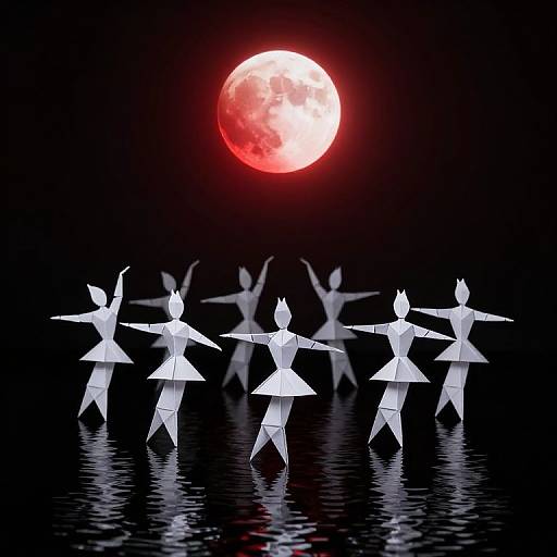 Digital art: White paper dolls with outstretched arms dance on reflective black water under a glowing red full moon.
