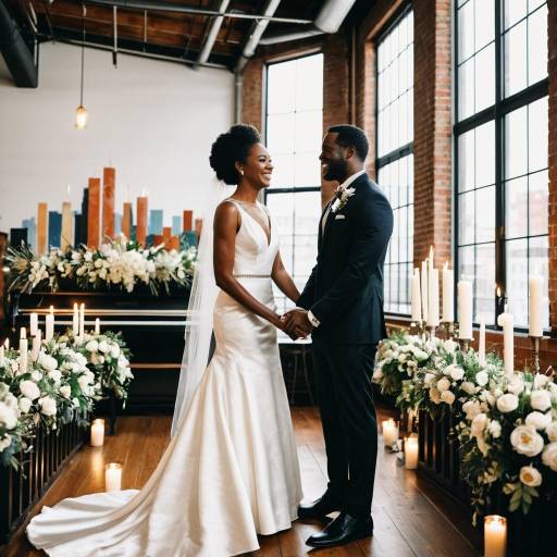 Joyful Black Bride and Groom at Modern Wedding Altar