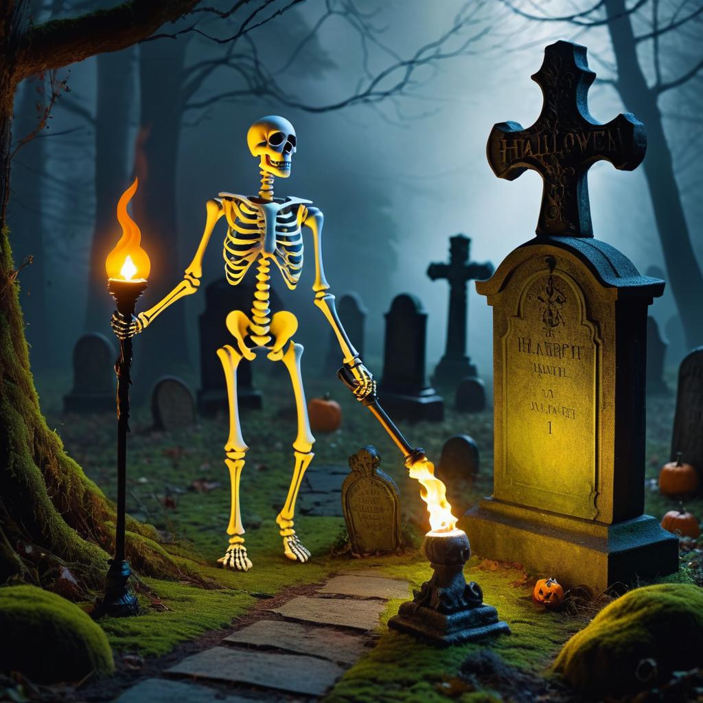 Eerie Halloween Skeleton with Gravestone Scene