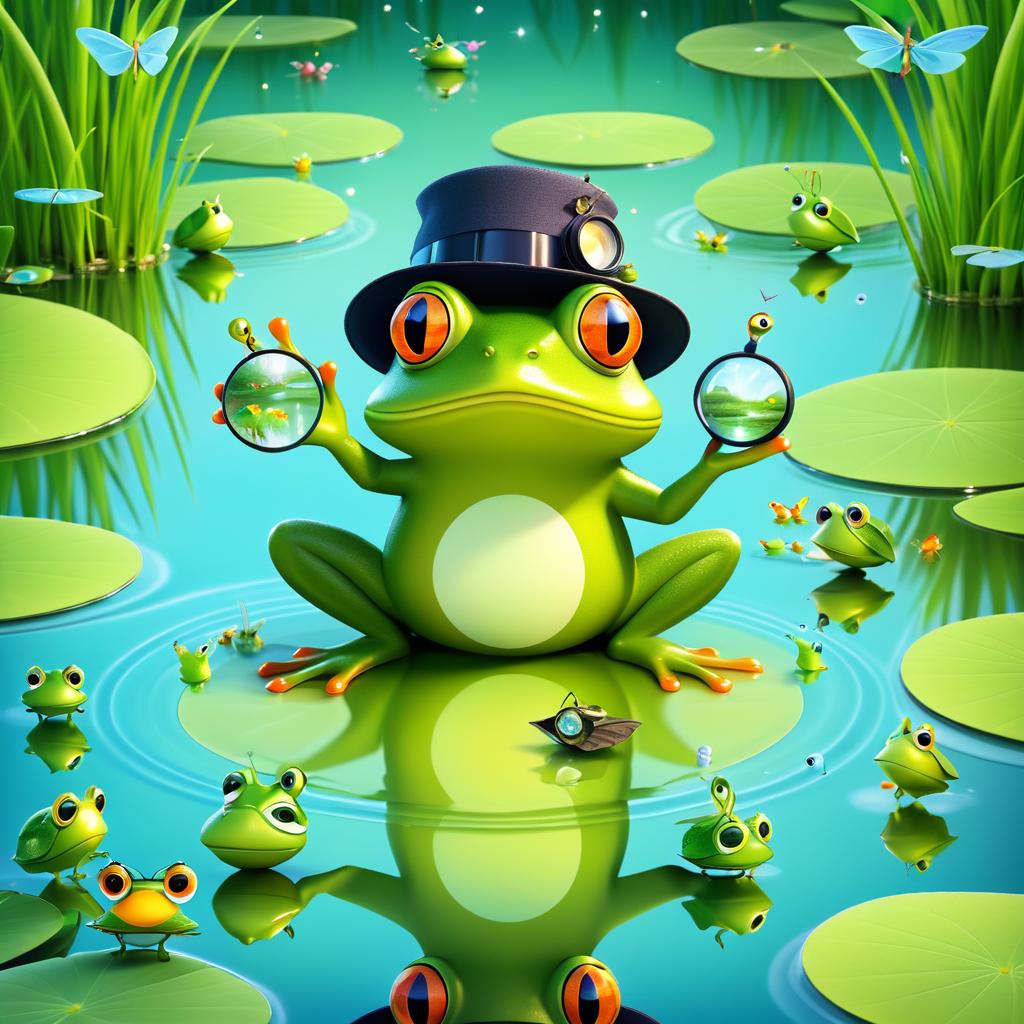 Cheerful Detective Frog in Tranquil Pond