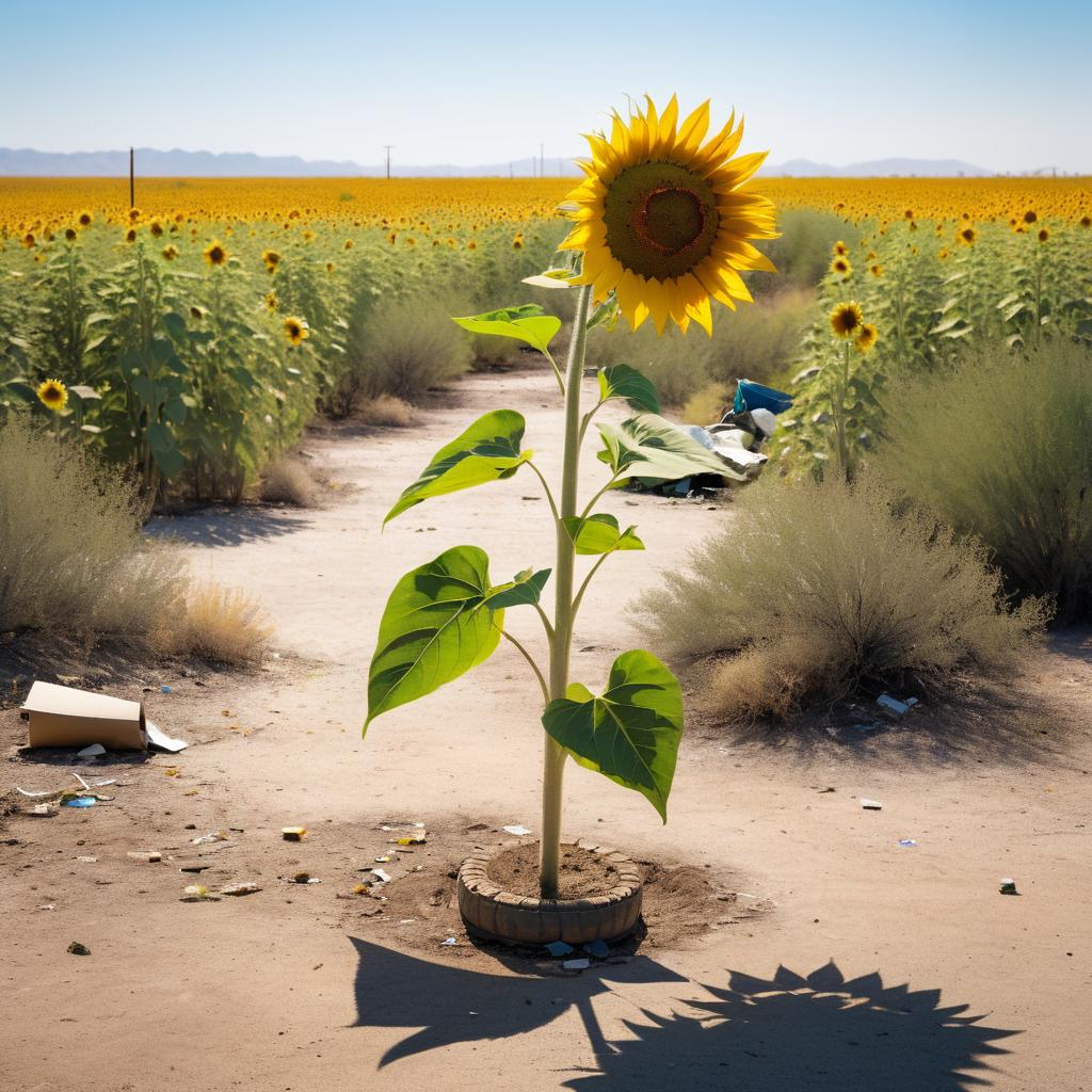 Minimalist Sunflower Amid Desert Debris