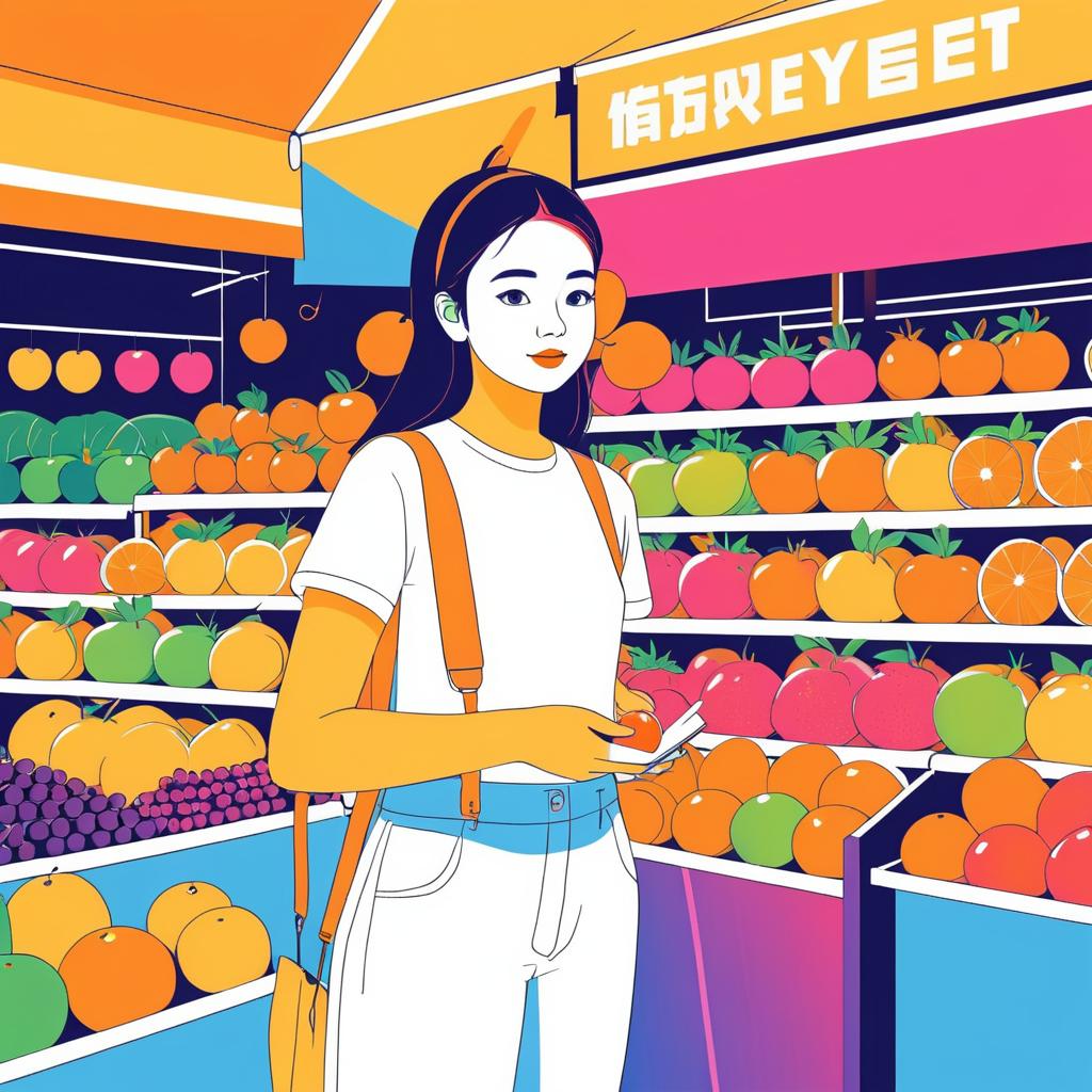 Vibrant Market Scene in Minimalist Art