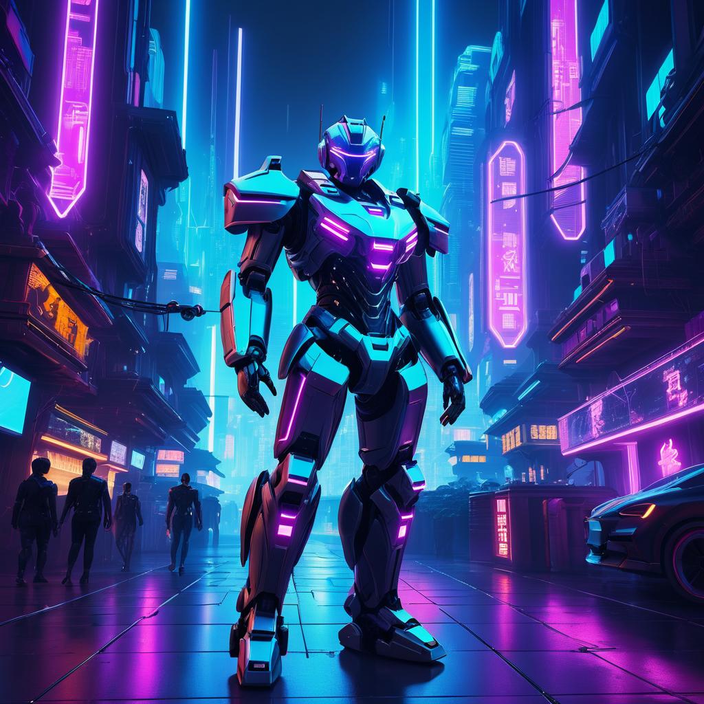 Futuristic Robot Amidst Neon Cityscape