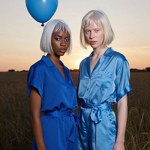 Photograph of two women in blue satin dresses, one with dark skin and white bob, holding a blue balloon, against a sunset field.