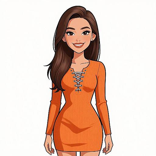 Digital anime-style drawing of a smiling woman with long brown hair, wearing an orange, long-sleeve, lace-up dress, against a white background