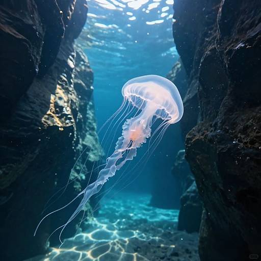 Photograph of a glowing, translucent jellyfish with long, flowing tentacles swimming between dark, rocky underwater caverns, illuminated by sunlight filtering from above
