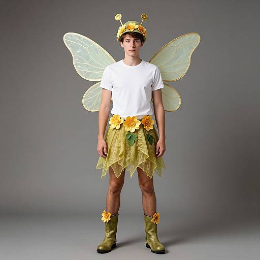 Photograph of a young man in a white shirt, yellow fairy costume with wings, flower headband, and green boots, standing against a gray background