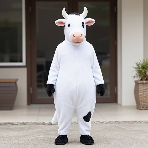 Photograph of a person in a white cow costume with black patches, horns, and hooves, standing in front of a building entrance.