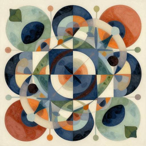 Abstract geometric painting with overlapping circles in navy, red, orange, and green, featuring white and blue segments, and small dots.