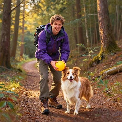 Photograph of a smiling man in a purple jacket and backpack, holding a yellow ball, standing with a happy Border Collie on a forest trail.