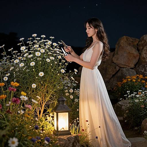 Photograph of a brunette woman in a white, flowing dress, gently touching daisies by a glowing lantern in a nighttime garden.