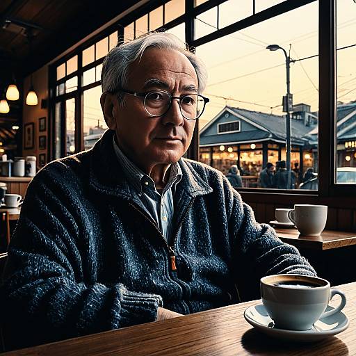 Elderly Man in Cozy Coffee Shop at Dawn
