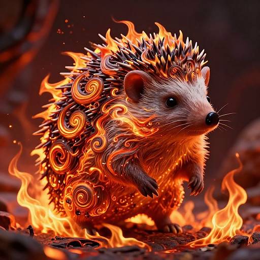 Digital artwork of a fiery hedgehog with swirling flames engulfing its spiky back, standing on a burning ground, showcasing vibrant orange and red hues.