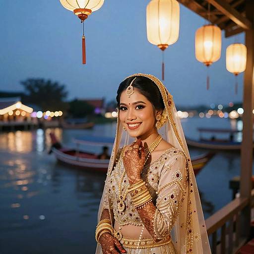 Lantern-Lit Thai Bride Riverside 35mm Portrait