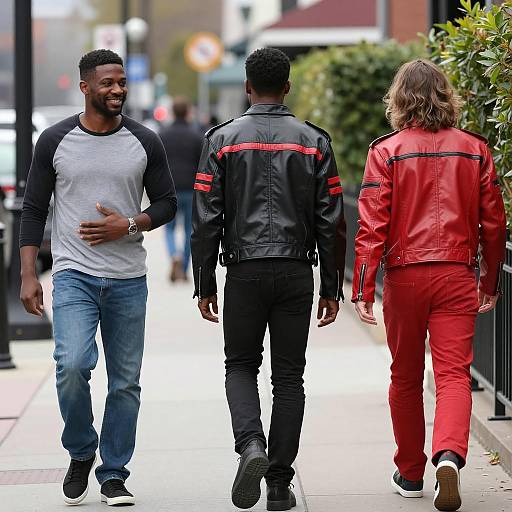 Three Friends Strolling Down Sidewalk
