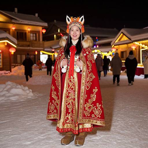 Photograph of a smiling woman in a red, gold-embroidered medieval-style cloak with fur trim, fox ear hat, and boots, standing