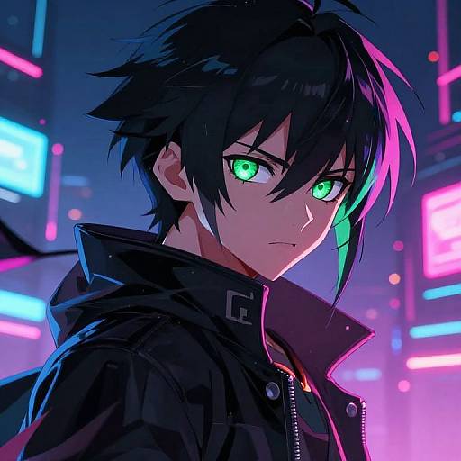 Digital anime-style portrait of a young man with spiky black hair, neon green eyes, and a black jacket, set against a vibrant, neon-l