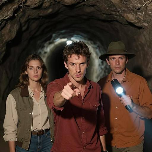 Three People Exploring Dark Tunnel