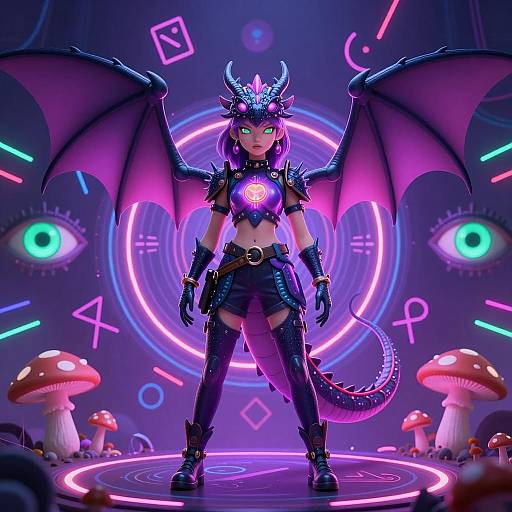 Neon Dragon Girl with Psychedelic Background